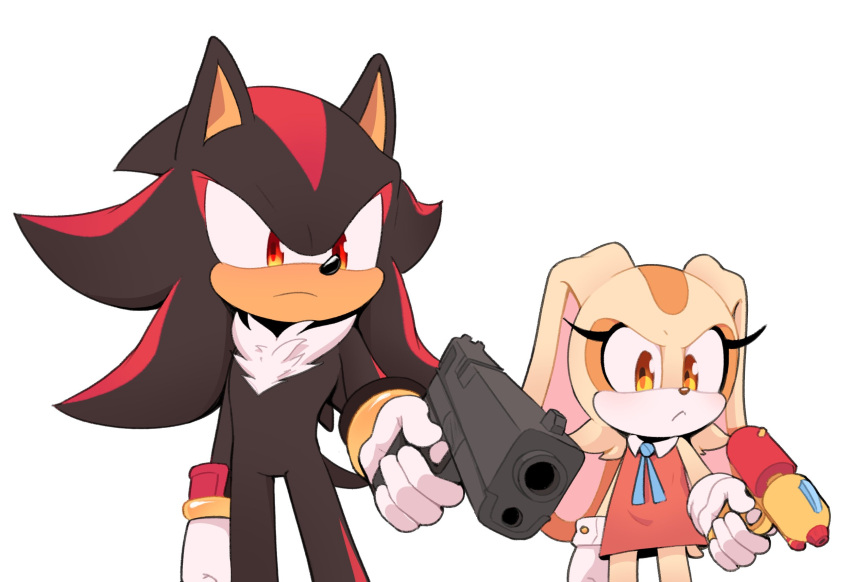 1boy, 1girl, aiming, aiming_at_viewer, animal_nose, black_fur, blue_ribbon, brown_eyes