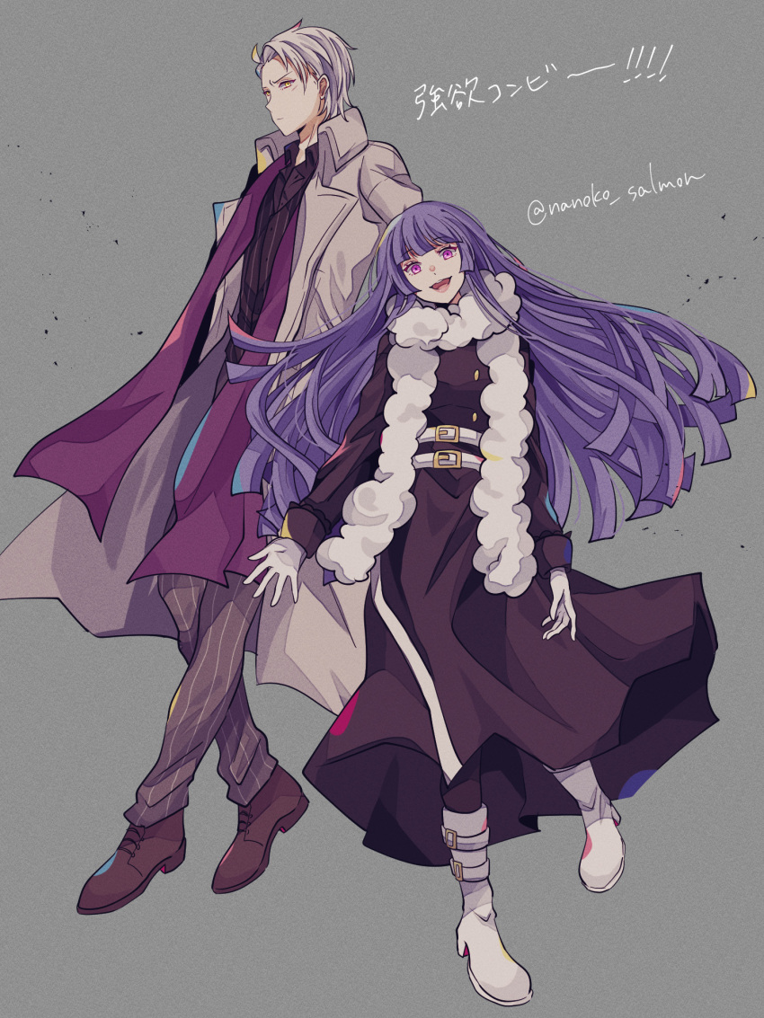 1boy, 1girl, bangs, blue_hair, blunt_bangs, boots, coat, fur_trim, highres, higyaku_no_noel, long_coat, luce_marie, nanoko, pink_eyes, russell_burrows, scarf, short_hair, smile, white_hair