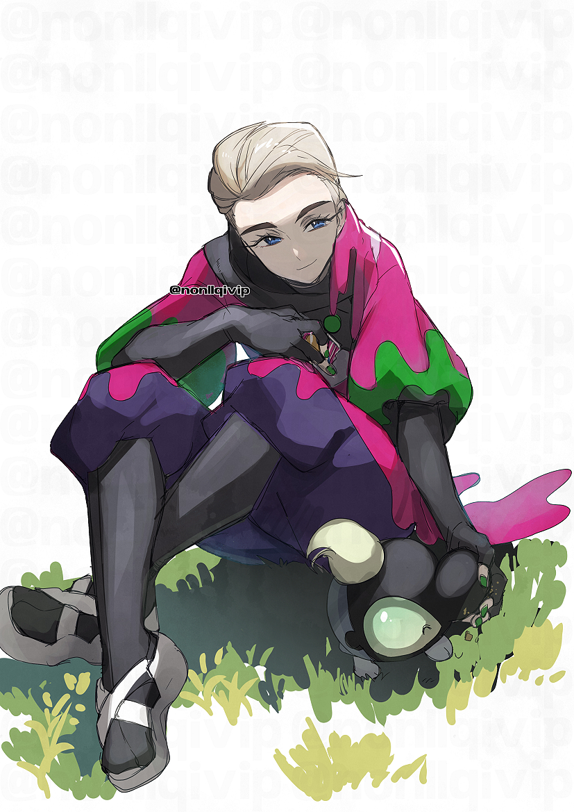 1boy, atticus_(pokemon), black_gloves, blue_eyes, commentary_request, crossed_legs, eyelashes, fingerless_gloves, gloves, grass, green_nails, male_focus, on_grass, petting, pokemon, pokemon_(creature), pokemon_(game), pokemon_sv, short_hair, shroodle, sitting, smile, team_star, white_footwear, white_hair, yamanashi_taiki
