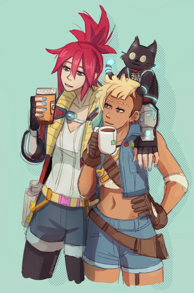 2girls, 808_(hi-fi_rush), blue_hair, breasts, brown_gloves, cat, cropped_jacket, dark-skinned_female, dark_skin, denim, denim_jacket, denim_shorts, elbow_pads, gloves, gradient_hair, green_eyes, hi-fi_rush, jacket, korsica_(hi-fi_rush), long_hair, maarika, medium_breasts, multicolored_hair, multiple_girls, pantyhose, peppermint_(hi-fi_rush), pink_hair, prosthesis, prosthetic_leg, shorts, single_thighhigh, thigh-highs, white_hair