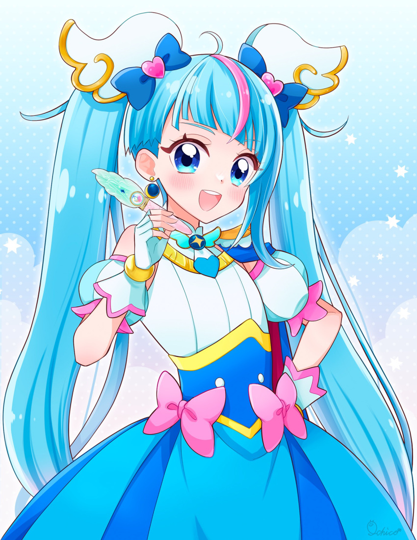 1girl, ahoge, blue_eyes, blue_hair, blush, bow, brooch, cape, cure_sky, detached_sleeves, earrings, fingerless_gloves, gloves, hand_on_hip, highres, hirogaru_sky!_precure, holding, holding_pen, ichico_mkmk, jewelry, long_hair, magical_girl, mirage_pen, open_mouth, pen, pink_bow, precure, puffy_detached_sleeves, puffy_sleeves, single_earring, single_sidelock, smile, solo, sora_harewataru, twintails, two-sided_cape, two-sided_fabric, very_long_hair, wing_brooch, wing_hair_ornament