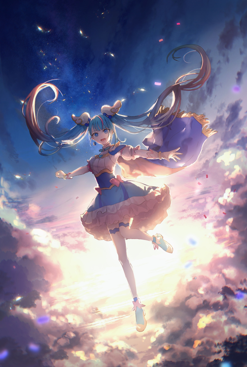 1girl, ahoge, asano_(kazusasn), blue_eyes, blue_hair, blue_skirt, bow, brooch