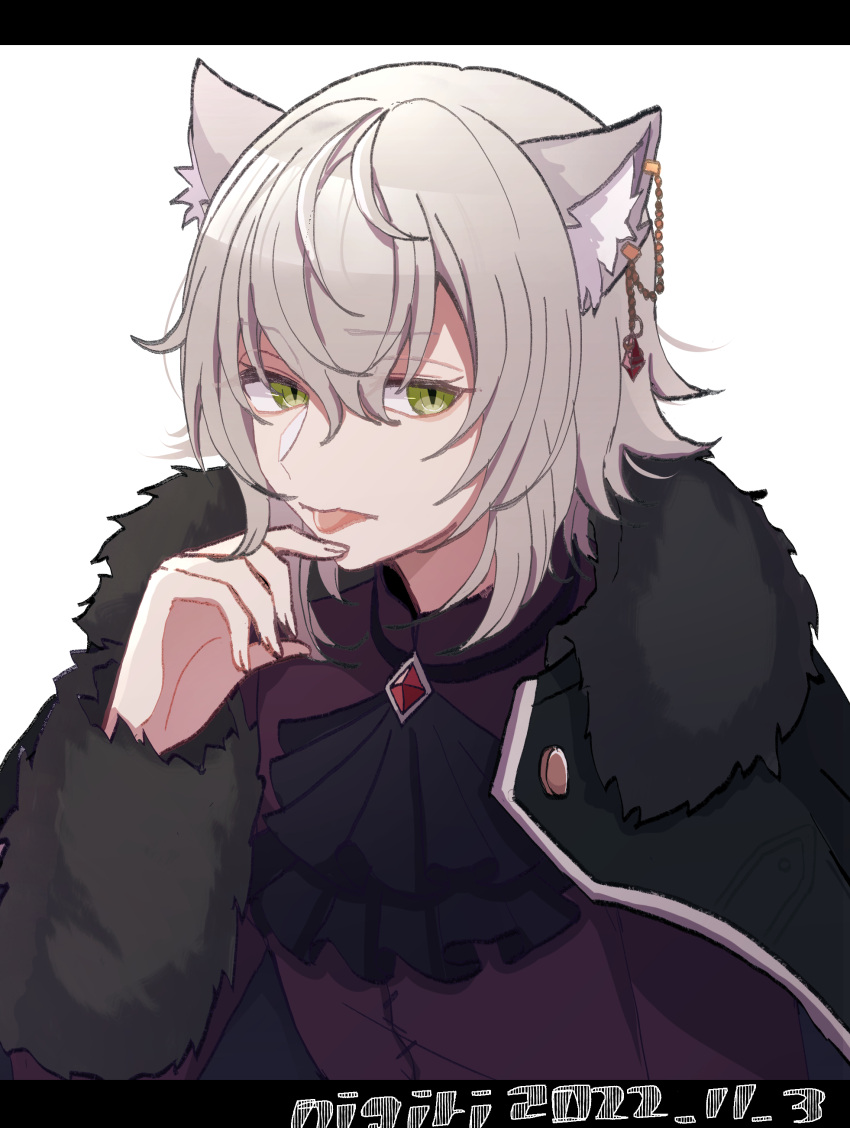 1girl, :p, absurdres, androgynous, animal_ears, ascot, black_ascot, cape, doraimon0312, fur-trimmed_cape, fur_trim, green_eyes, grey_hair, hair_between_eyes, hand_up, highres, hinomori_shiho, licking, licking_finger, long_sleeves, official_alternate_costume, project_sekai, reverse_trap, short_hair, slit_pupils, solo, tongue, tongue_out, white_background, wolf_ears, wolf_girl
