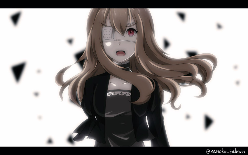 1girl, backlighting, blonde_hair, choker, dress, eyepatch, frilled_choker, frills