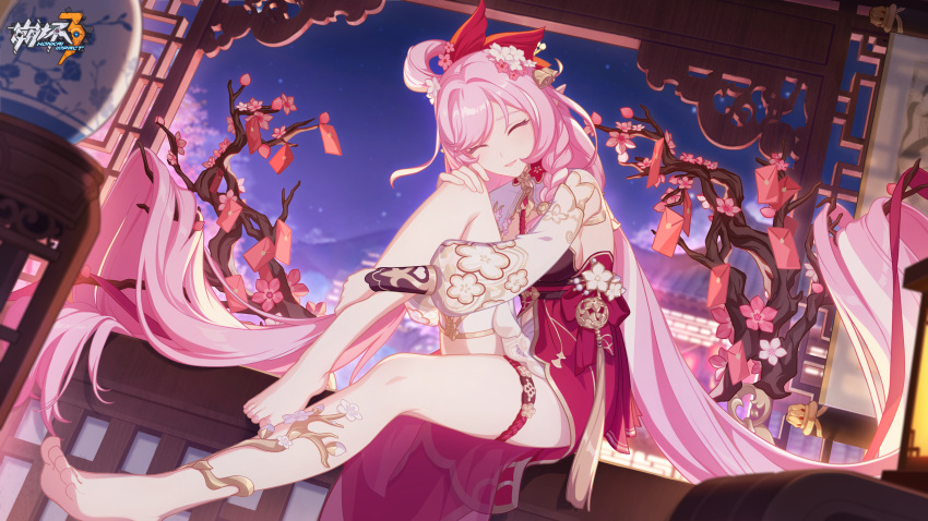 1girl, ^_^, bangs, barefoot, chinese_clothes, closed_eyes, elysia_(herrscher_of_human:ego)_(honkai_impact), elysia_(honkai_impact)
