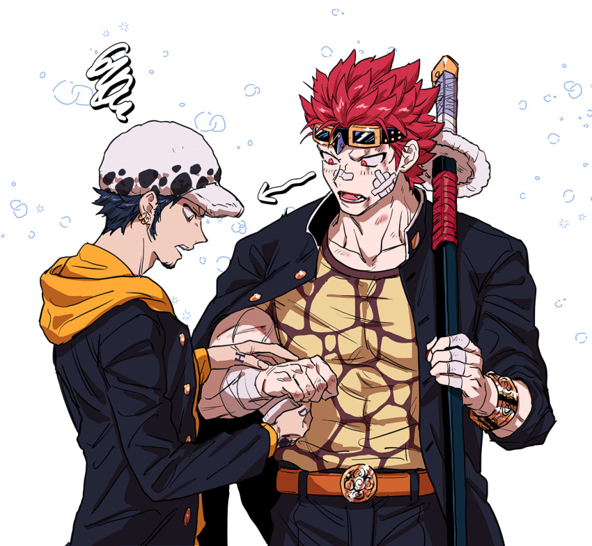 2boys, alternate_universe, annoyed, applying_bandages, arrow_(symbol), bandaid, bandaid_on_face, blue_hair