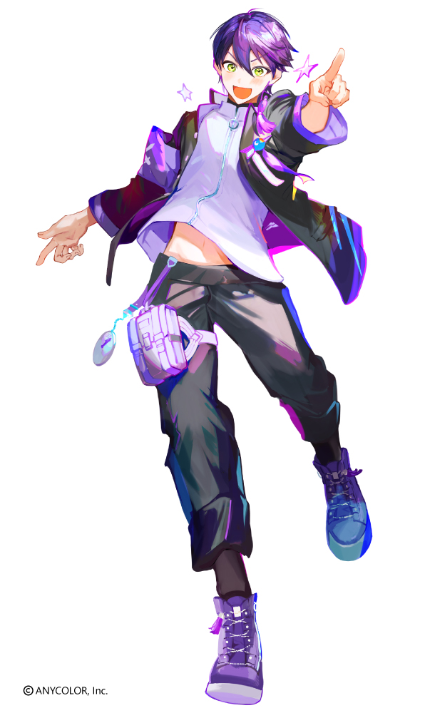 1boy, :d, armband, black_jacket, black_pants, blush, commentary_request, copyright, copyright_name, green_eyes, jacket, kenmochi_touya, long_sleeves, male_focus, midriff_peek, mtmtomt328, niccori^^_chousa-tai_no_theme_(vocaloid), nijisanji, open_mouth, pants, pointing, pointing_at_viewer, pouch, purple_footwear, purple_hair, shirt, simple_background, smile, solo, standing, standing_on_one_leg, star_(symbol), thigh_pouch, thigh_strap, v-shaped_eyebrows, virtual_youtuber, white_background, white_shirt, zipper