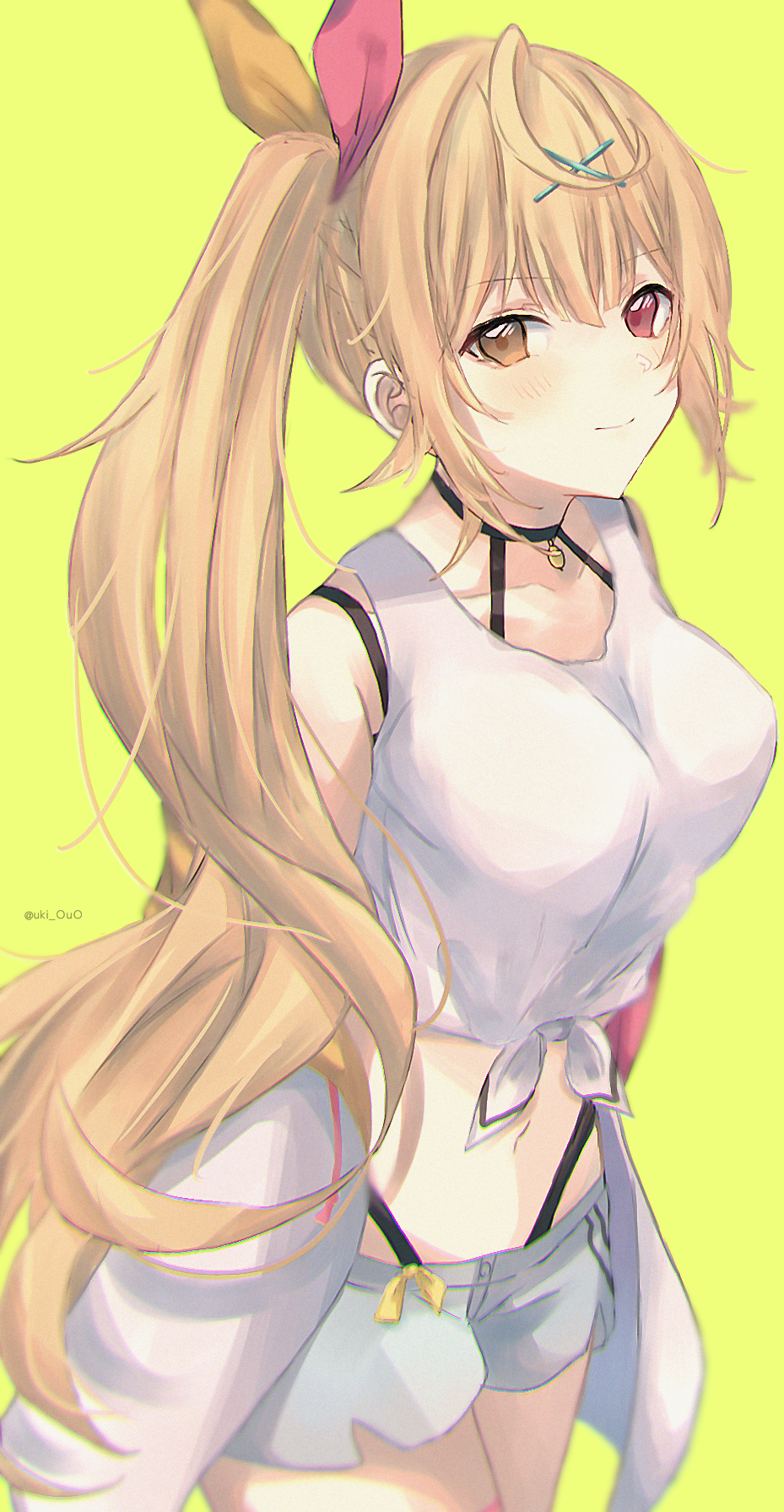 1girl, ahoge, artist_name, bangs, bare_shoulders, black_choker, black_panties, blonde_hair