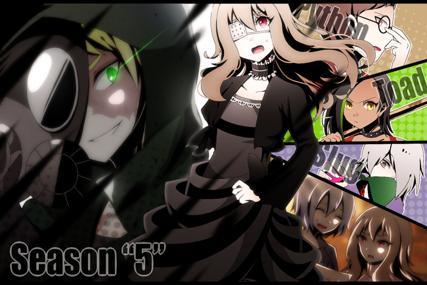 3boys, 3girls, agatha_flattz, bandana, bandana_over_mouth, black_hair, blonde_hair, blue_hair