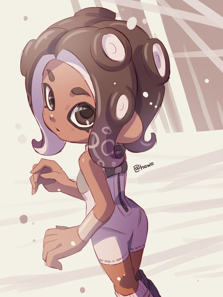 1girl, arm_warmers, bare_shoulders, bodysuit, brown_eyes, brown_hair, dark-skinned_female, dark_skin