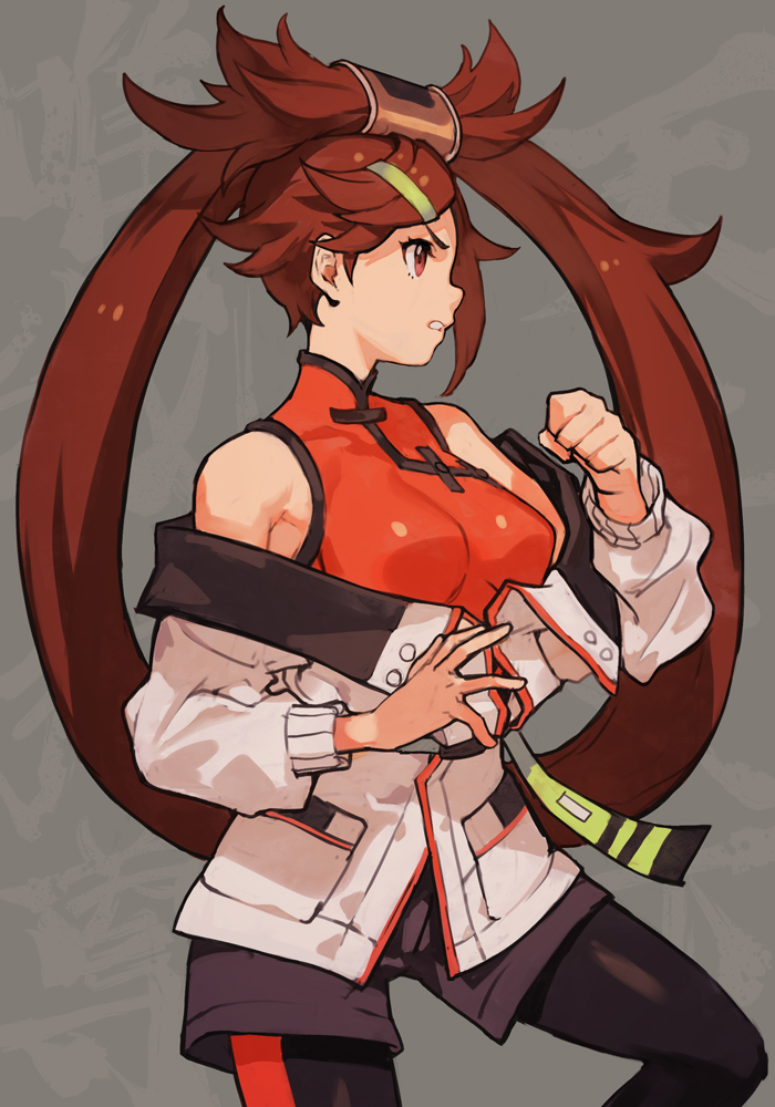 1girl, bare_shoulders, breasts, brown_eyes, brown_hair, china_dress, chinese_clothes, dress, guilty_gear, hair_ornament, hairclip, hankuri, jacket, kunio-kun_series, kuradoberi_jam, leggings, medium_breasts, open_clothes, open_jacket, river_city_girls, river_city_girls_2, shorts, solo, twintails