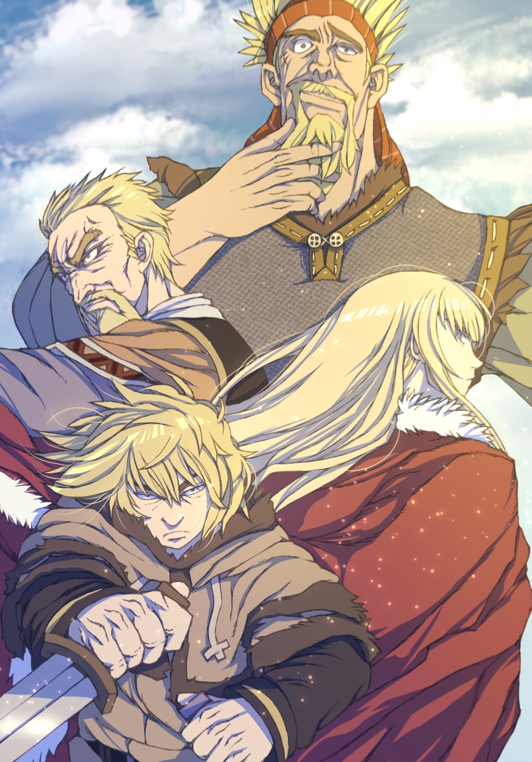 4boys, armor, askeladd, beard, blonde_hair, brown_coat, canute, cape