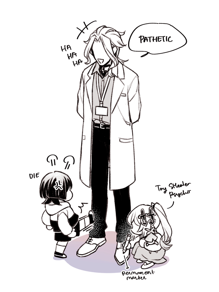 +++, 1girl, 2boys, :d, =3, anger_vein, arms_behind_back, character_doll
