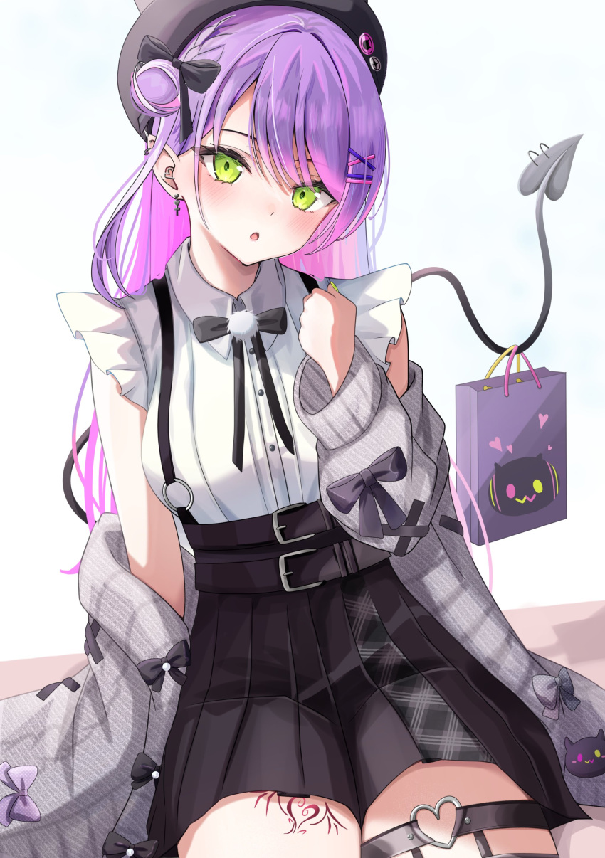 :o, absurdres, bangs, black_bow, black_headwear, black_ribbon, black_skirt, blush