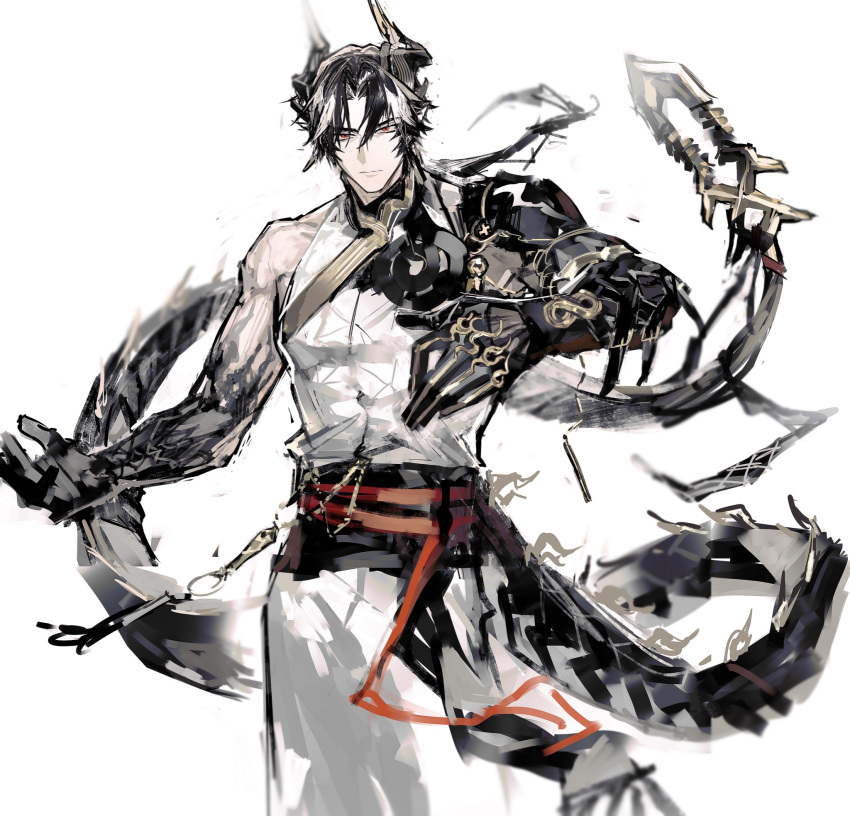 1boy, arknights, armor, bare_shoulders, belt, black_hair, chain, chong_yue_(arknights)