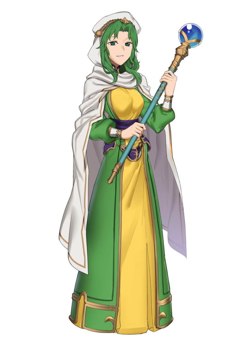 1girl, breasts, cape, dress, ebinku, fire_emblem, fire_emblem:_thracia_776, green_dress, green_eyes, green_hair, highres, holding, holding_staff, looking_at_viewer, medium_breasts, medium_hair, nun, safy_(fire_emblem), smile, staff, white_cape, yellow_dress