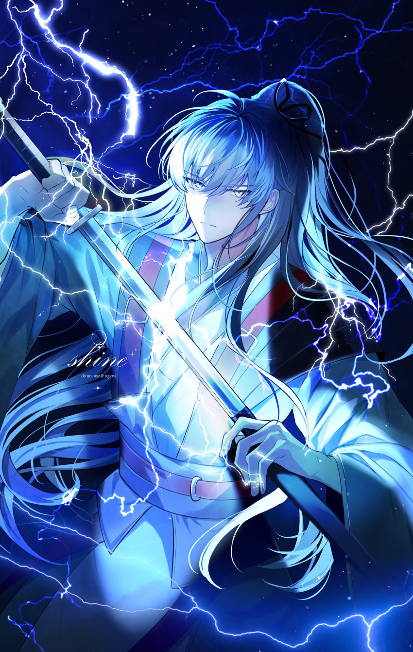 1boy, absurdres, artist_name, bangs, blue_eyes, blue_hair, closed_mouth, dark_background