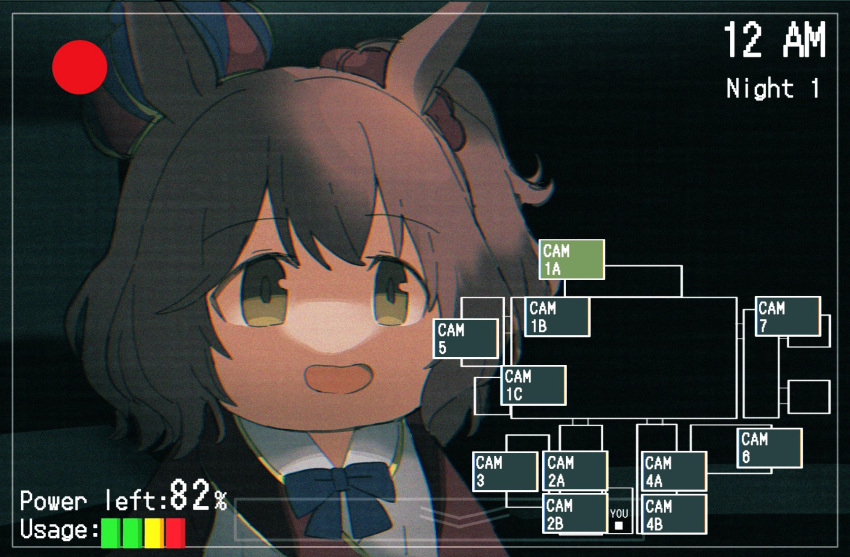 1girl, animal_ears, aston_machan_(umamusume), battery_indicator, bow, bowtie, brown_hair, crown, english_text, five_nights_at_freddy's, green_eyes, hair_ornament, hair_scrunchie, highres, horse_ears, medium_hair, nazono77, open_mouth, recording, scrunchie, side_ponytail, smile, solo, timestamp, umamusume