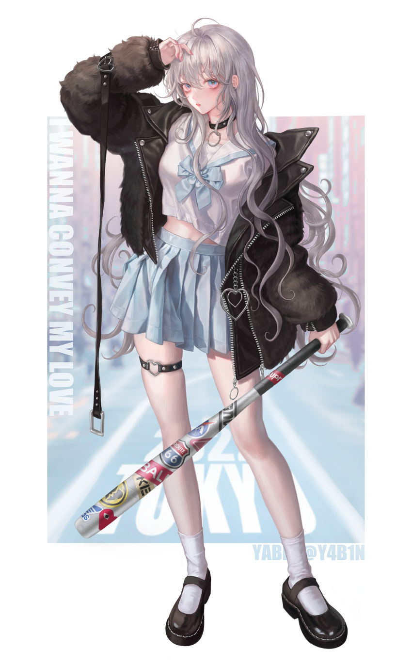 1girl, absurdres, arm_belt, arm_up, artist_name, baseball_bat, blue_eyes, blue_skirt