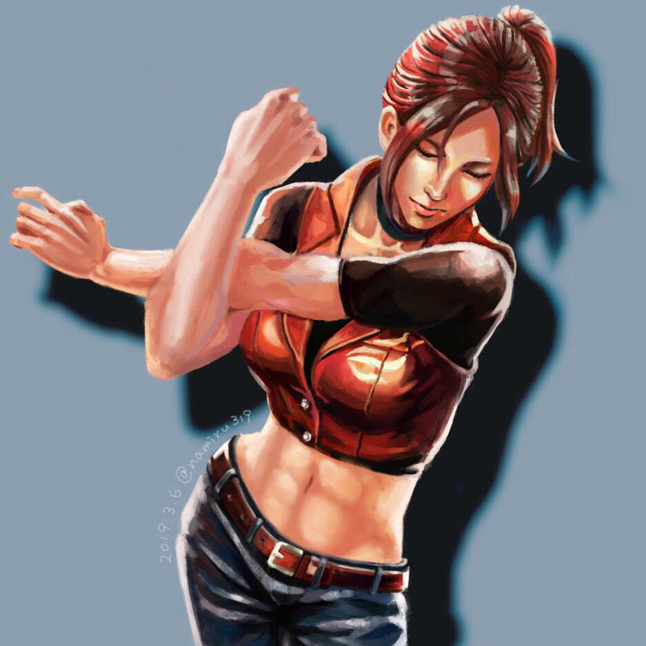1girl, abs, black_choker, breasts, brown_hair, choker, claire_redfield, closed_mouth