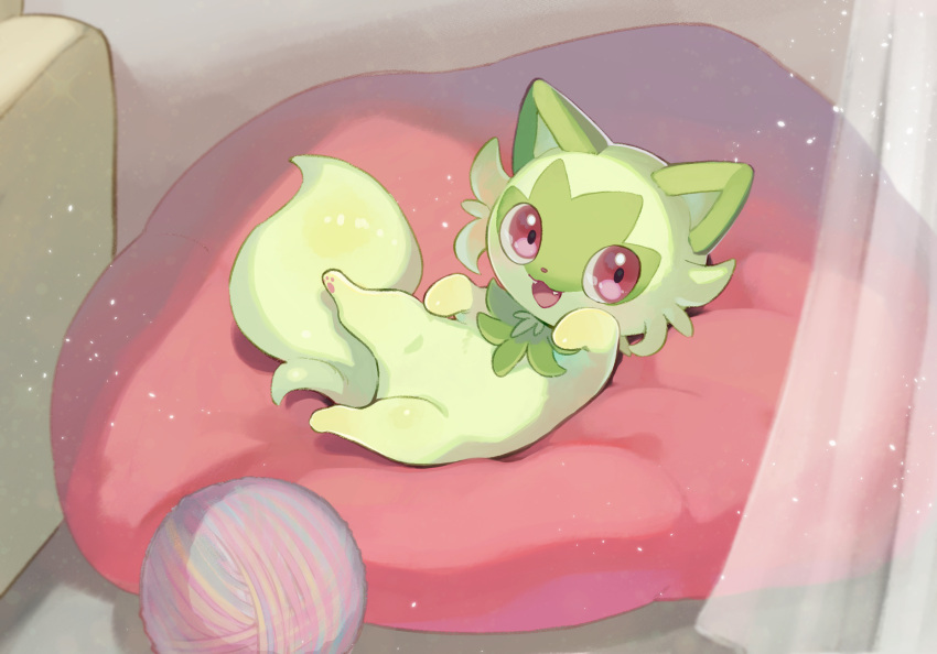 :d, commentary_request, curtains, cushion, fangs, furukawa_raku, highres, indoors