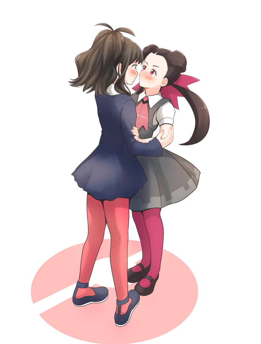 2girls, absurdres, blush, bow, brown_hair, collared_shirt, commission, dress