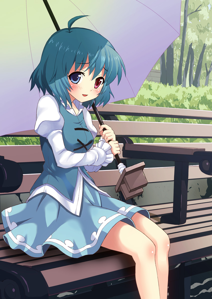 1girl, bad_id, bench, blue_eyes, blue_hair, blush, dress, heterochromia