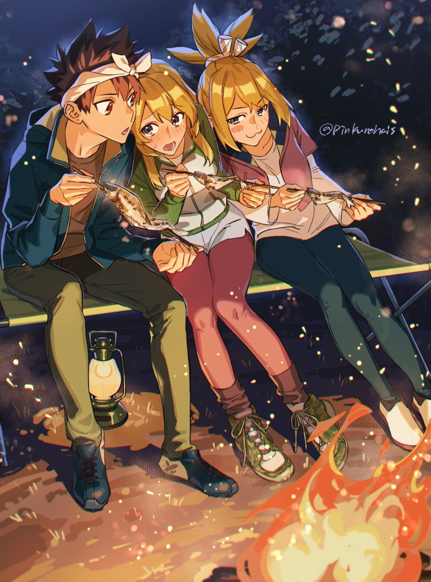 1boy, 2girls, :3, alternate_costume, blonde_hair, blue_eyes, blush, brown_eyes