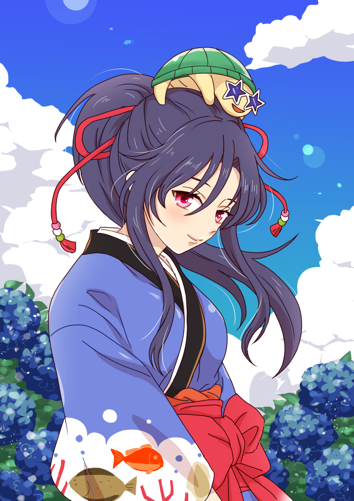 1girl, animal_on_head, animal_print, blue_kimono, closed_mouth, clouds, dress, fish_print