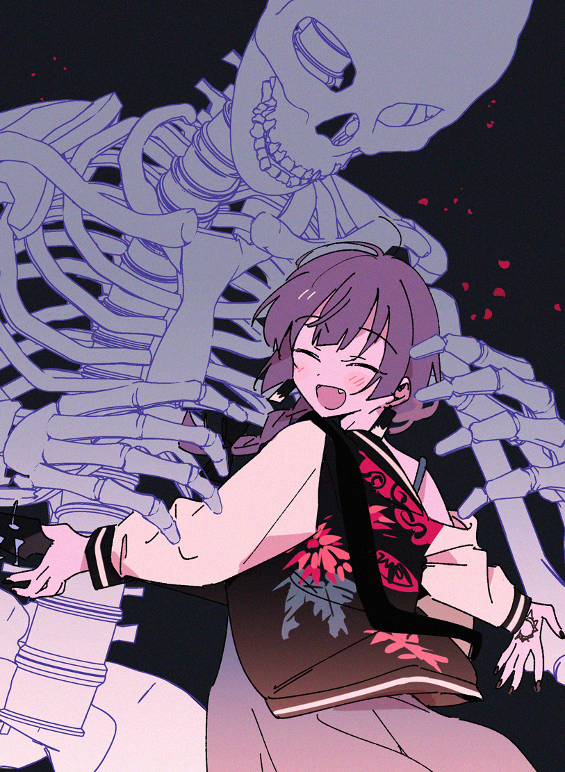 1girl, 1other, ^_^, bangs, bass_guitar, black_background, black_bow, black_nails, blush, bocchi_the_rock!, bow, braid, chest_strap, closed_eyes, dress, facing_viewer, fang, floating_hair, from_behind, giant_skeleton, hair_bow, hand_tattoo, hiroi_kikuri, imminent_hug, instrument, jacket, kimino_tomonari, long_sleeves, looking_back, off_shoulder, open_mouth, outstretched_arms, petals, purple_hair, single_bare_shoulder, skeleton, sleeveless, sleeveless_dress, smile, spaghetti_strap, spread_arms, sukajan, tattoo, upper_body