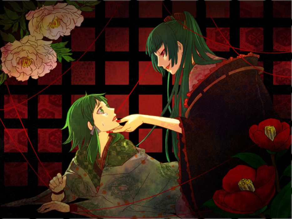 aqua_hair, camellia_(flower), evil_grin, evil_smile, flower, green_eyes, green_hair, grin, gumi, hand_on_another's_face, hand_on_face, hatsune_miku, hina_nige_(vocaloid), japanese_clothes, kimono, milk1110, multiple_girls, nail_polish, open_mouth, peony_(flower), red_eyes, short_hair, smile, string, tears, twintails, vocaloid