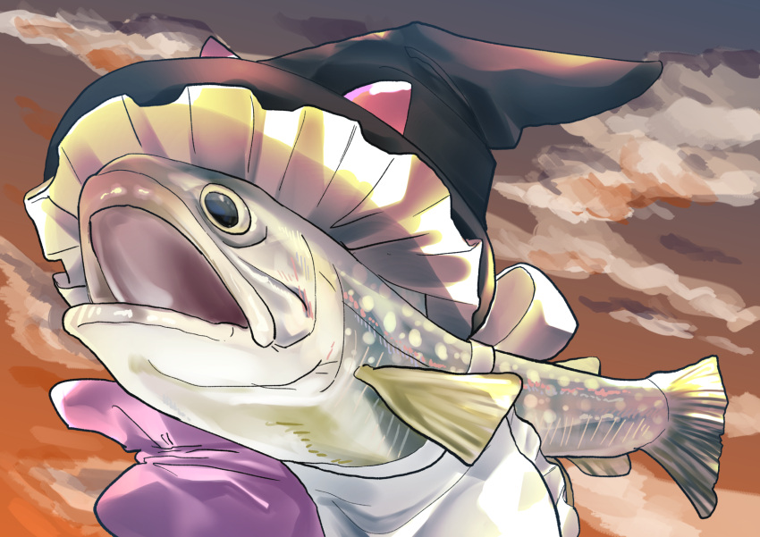 animal_focus, animalization, apron, black_headwear, bow, commentary_request, cookie_(touhou), fish, frilled_apron, frills, full_body, hat, hat_bow, highres, kirisame_marisa, no_humans, open_mouth, pink_bow, respawn_dead, touhou, uzuki_(cookie), waist_apron, white_apron, witch_hat