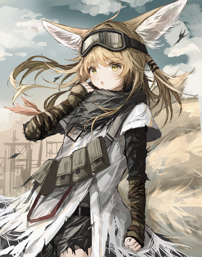 1girl, :o, absurdres, ahoge, animal_ear_fluff, animal_ears, arknights, black_pants, blonde_hair, blue_sky, blush, clouds, commentary_request, day, floating_hair, fox_ears, fox_girl, fox_tail, goggles, goggles_on_head, green_eyes, hand_up, highres, jacket, kitsune, layered_sleeves, long_hair, long_sleeves, looking_at_viewer, outdoors, pants, parted_lips, short_over_long_sleeves, short_sleeves, sidelocks, sky, solo, suzuran_(arknights), suzuran_(lostlands_flowering)_(arknights), tail, torn_clothes, torn_pants, user_yujg3254, white_jacket