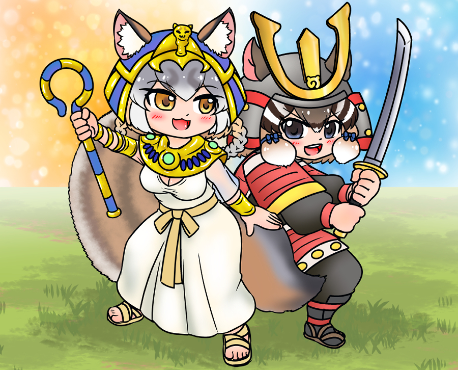 2girls, animal_ears, armor, blue_eyes, brown_hair, chipmunk_ears, chipmunk_girl, edamamezooooo, egyptian_clothes, extra_ears, fox_ears, fox_girl, grey_hair, helmet, island_fox_(kemono_friends), japanese_armor, kabuto_(helmet), katana, kemono_friends, kemono_friends_v_project, multiple_girls, open_mouth, parody, ribbon, rise_of_kingdoms, sandals, siberian_chipmunk_(kemono_friends), simple_background, sword, tail, virtual_youtuber, wand, weapon, yellow_eyes