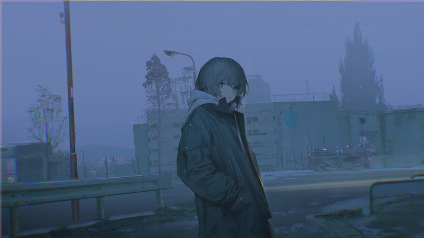 1girl, absurdres, blurry, building, chromatic_aberration, city, closed_mouth, depth_of_field