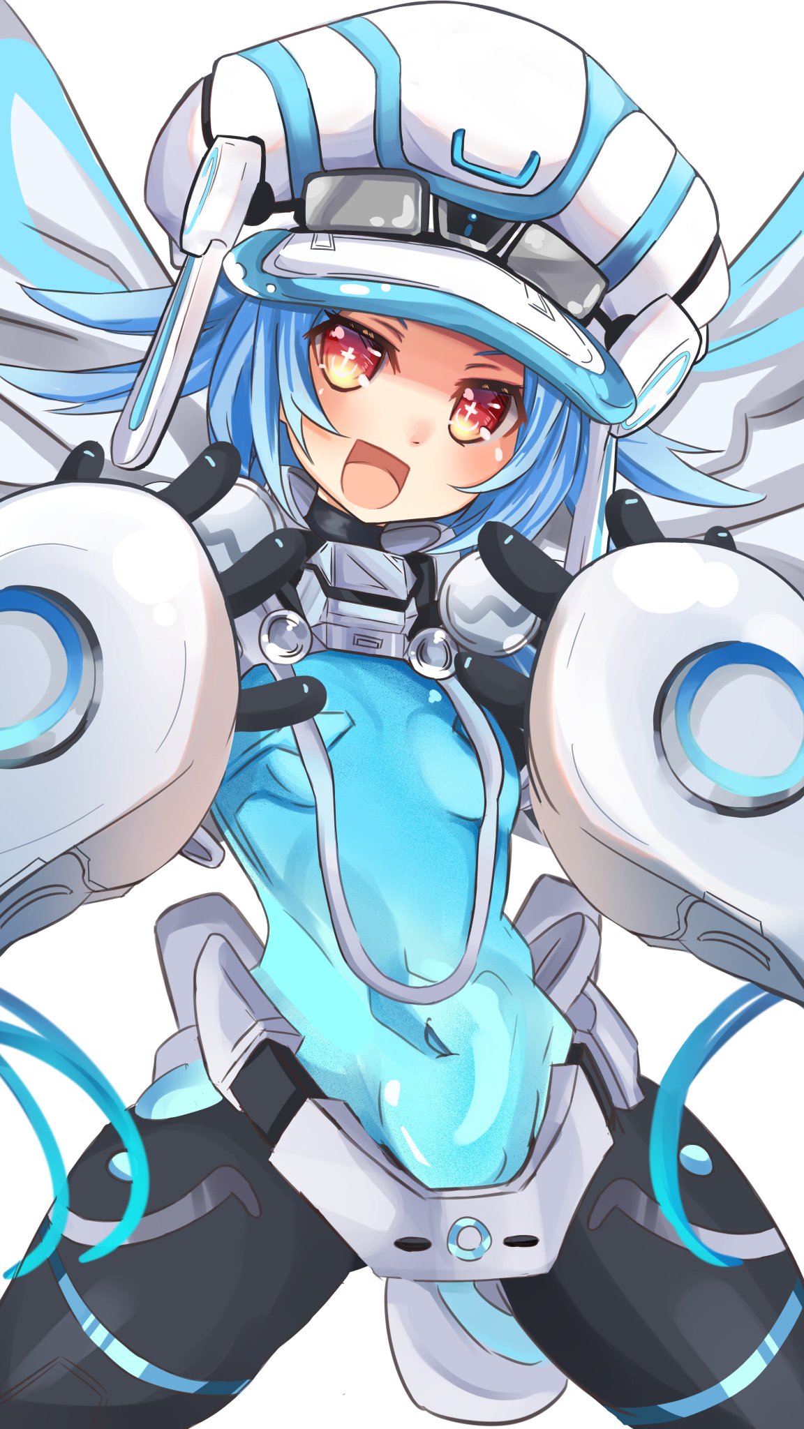 1girl, blue_hair, bodysuit, breasts, covered_navel, gauntlets, hair_ornament, happy