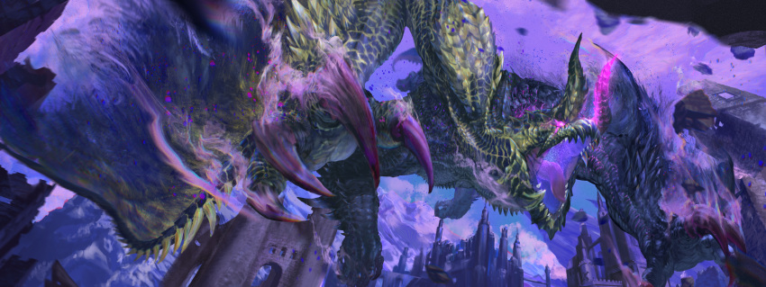 absurdres, castle, chaotic_gore_magala, claws, clouds, creature, debris, dragon, eating403, extra_arms, foreshortening, glowing, glowing_eye, glowing_horns, highres, horns, monster, monster_hunter_(series), no_humans, open_mouth, scales, scenery, tongue, violet_eyes