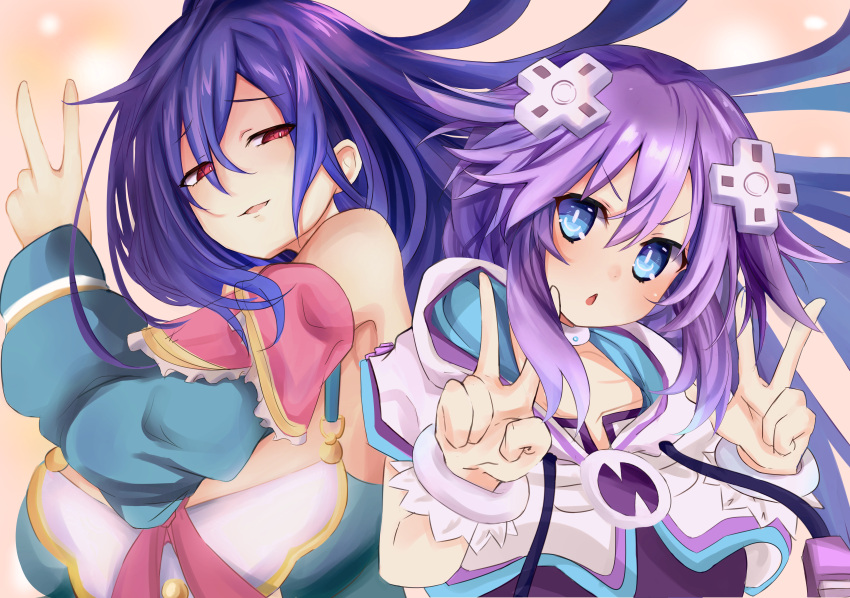 2girls, absurdres, bare_shoulders, blue_eyes, braid, breasts, cosplay, d-pad