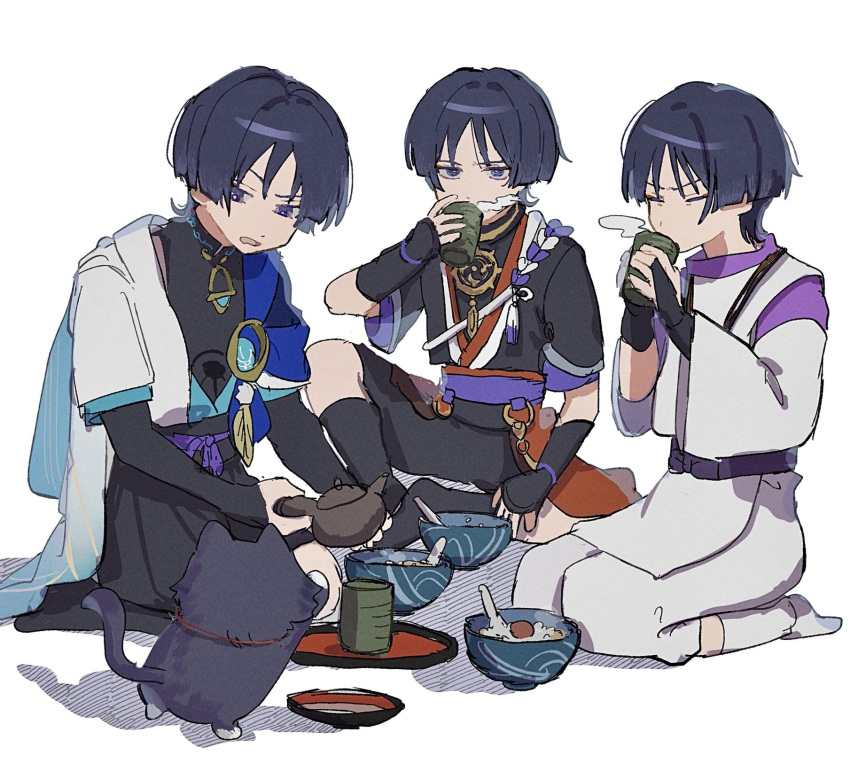 3boys, armor, bangs, black-socks, black_bridal_gauntlets, black_cat, black_hair, black_sash
