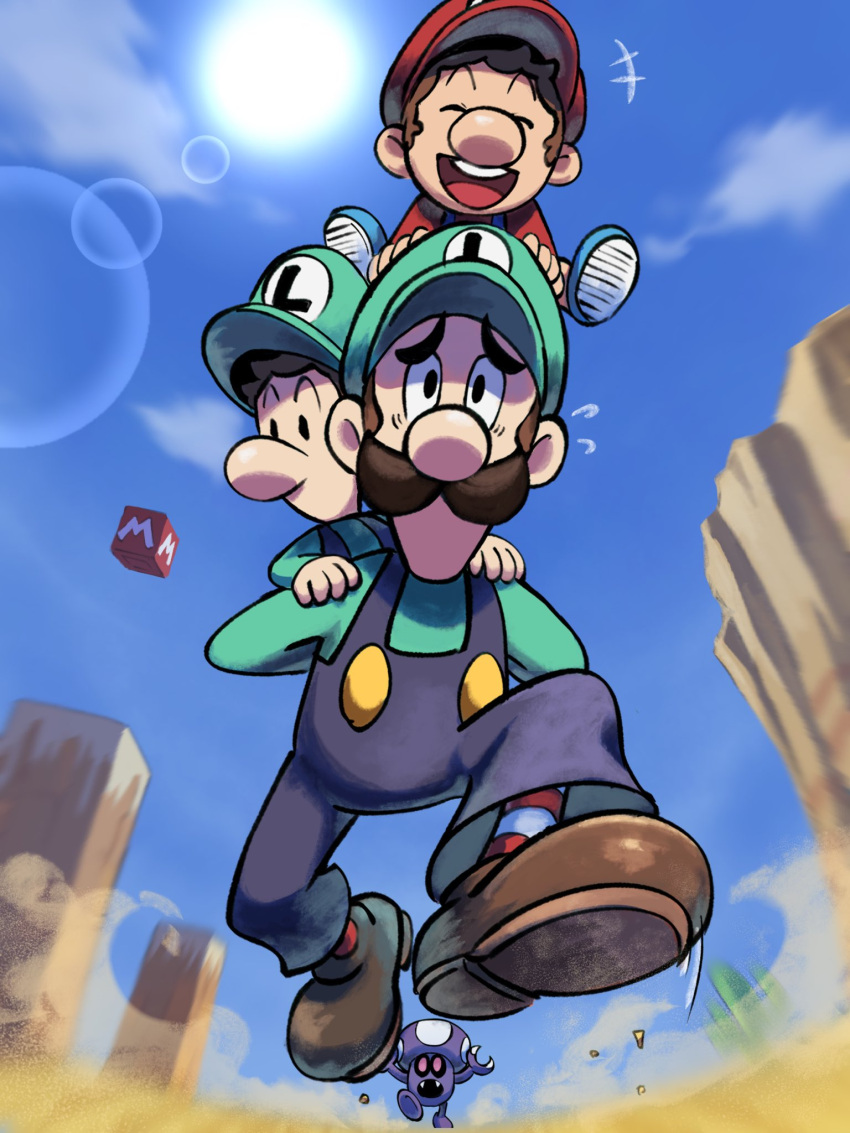 3boys, baby_luigi, baby_mario, blue_overalls, blue_sky, cactus, facial_hair, gloves