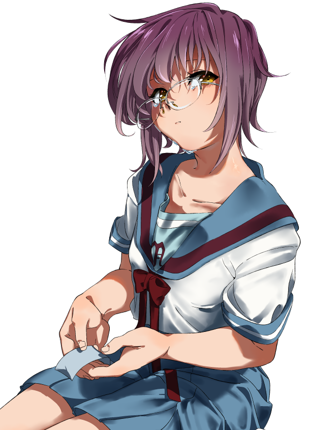 1girl, bangs, blue_sailor_collar, blue_skirt, bookmark, brown_eyes, closed_mouth, commentary