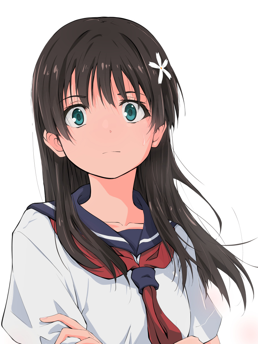 1girl, absurdres, black_hair, blue_sailor_collar, closed_mouth, collarbone, commentary_request, crossed_arms