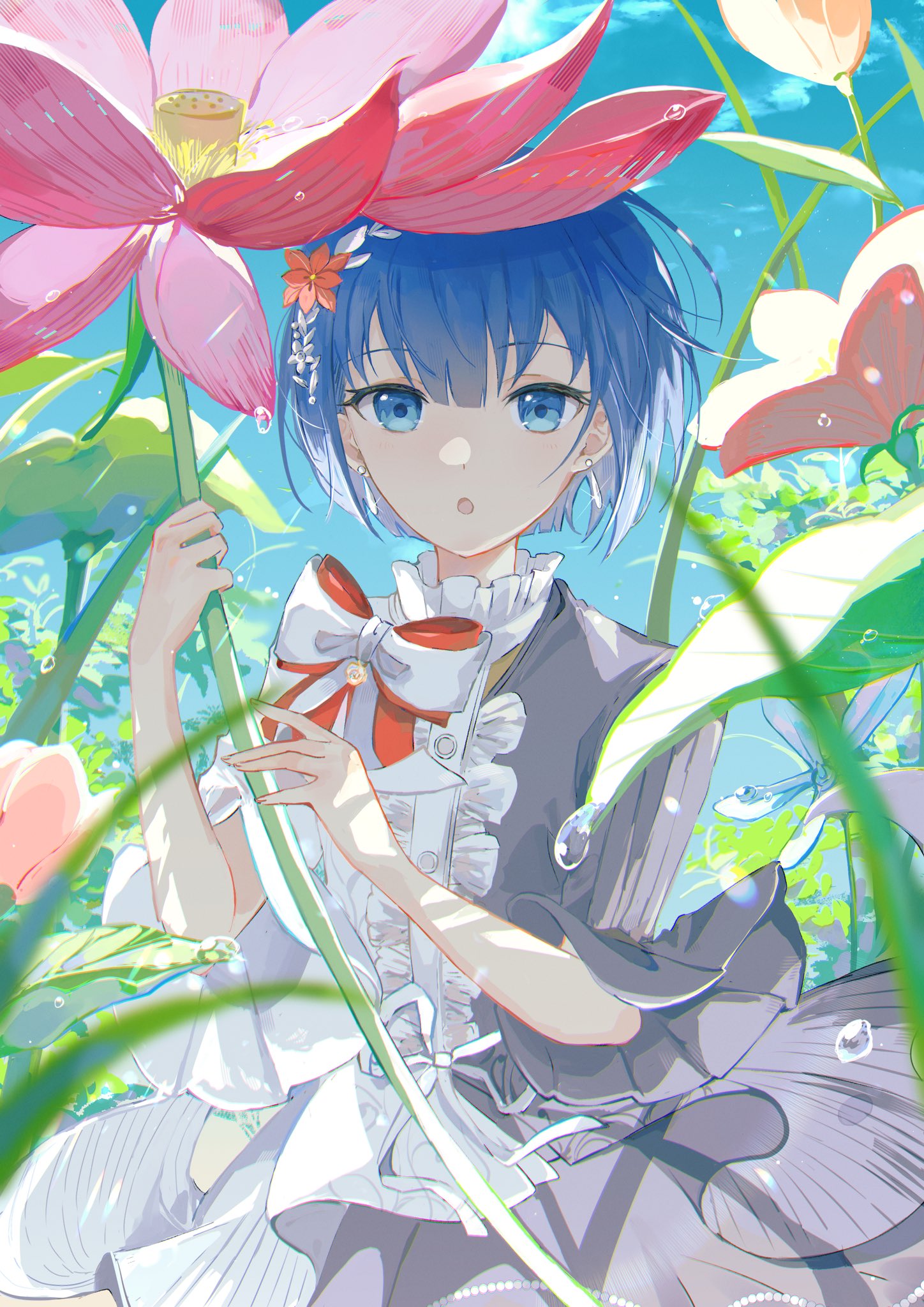 1girl, :o, bangs, blue_eyes, blue_hair, blue_sky, bow, bowtie, buttons, commentary, dew_drop, earrings, flower, frilled_shirt_collar, frills, hair_flower, hair_ornament, highres, hodokareta_ito_no_sono_saki_ni_(project_sekai), holding, holding_flower, jewelry, kiritani_haruka, kouri_2x, leaf, official_alternate_costume, open_mouth, pink_flower, project_sekai, ribbon, short_hair, short_sleeves, sky, solo, upper_body, water_drop, white_ribbon