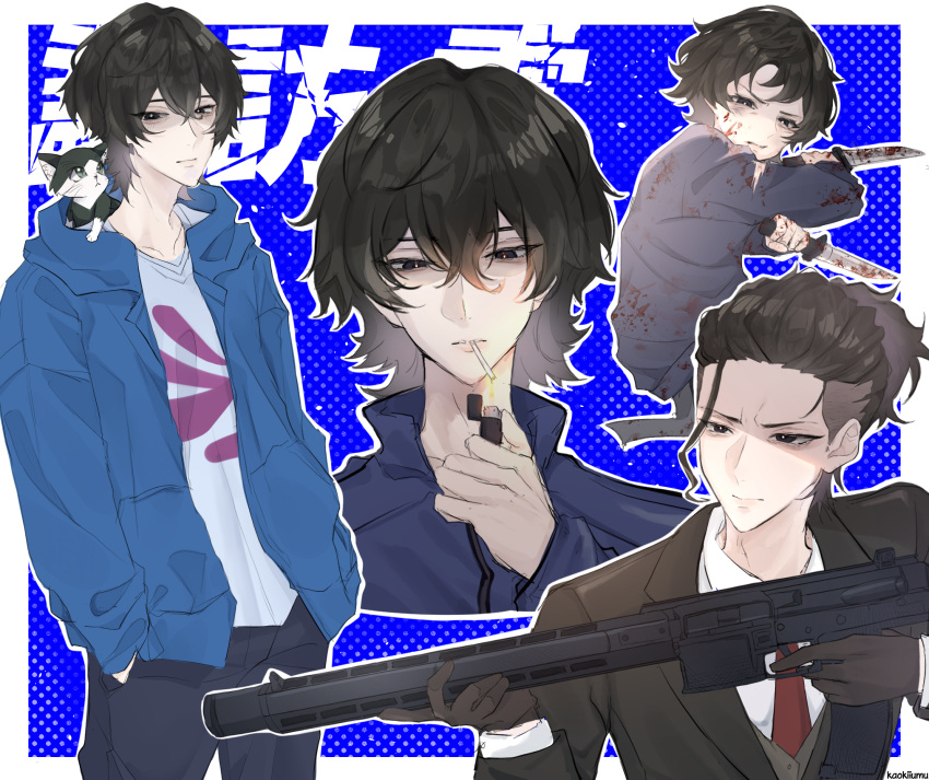 1boy, bags_under_eyes, black_gloves, black_suit, blood, blood_on_clothes, blood_on_face, blood_on_weapon, blue_background, blue_jacket, buddy_daddies, cat, cigarette, dual_wielding, formal, gloves, gun, hair_between_eyes, hair_slicked_back, highres, holding, holding_gun, holding_weapon, jacket, kaokiiumu, knife, lighter, mouth_hold, multiple_views, necktie, red_necktie, shirt, short_hair, suit, suwa_rei, teeth_hold, weapon, white_shirt