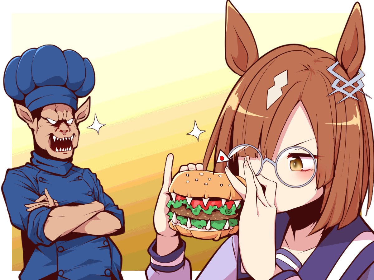 1girl, animal_ears, blue_headwear, burger, chef_hat, crossed_arms, crossover, duel_monster