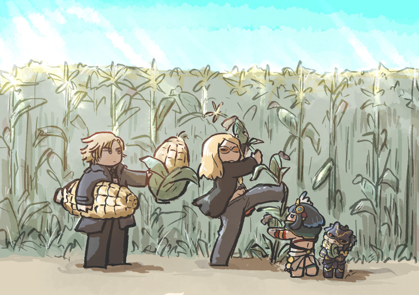 aztec, black_shirt, blonde_hair, chibi, corn, daybit_sem_void, highres, huitzilopochtli_(fate), izcalli_(fate), long_hair, shirt, tezcatlipoca_(fate), umeyama_(ume22ke)