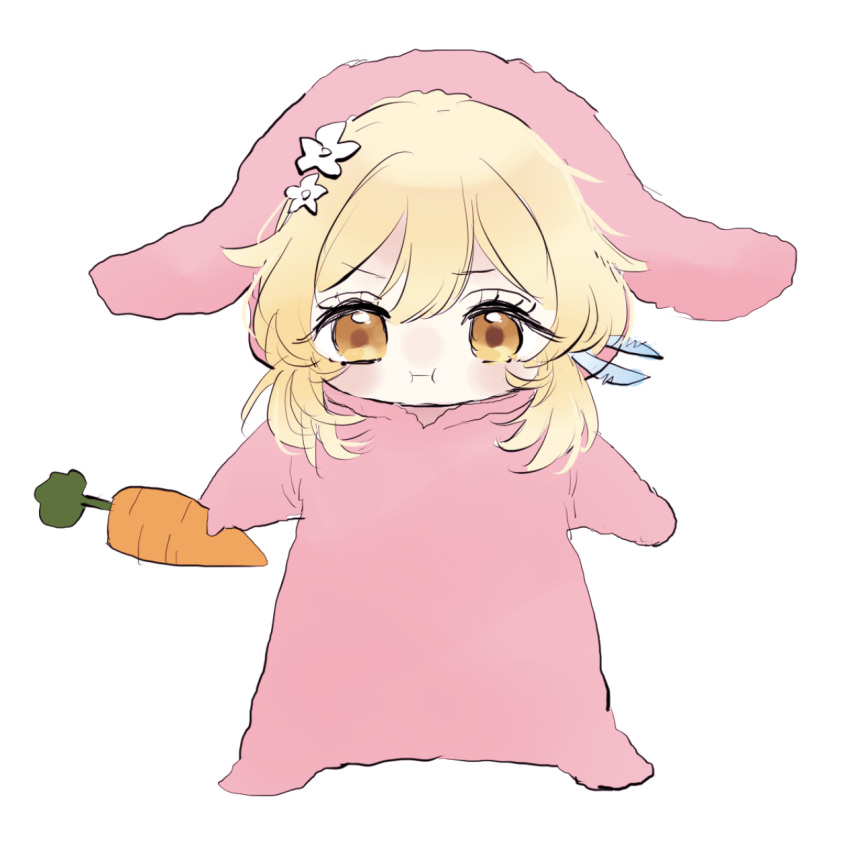 1girl, animal_hood, baby, babygrow, blonde_hair, carrot, commentary_request, flower