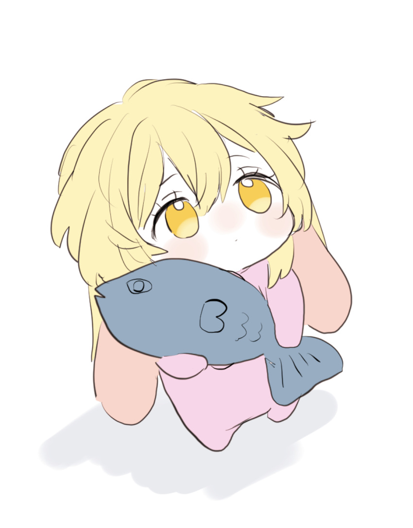 1girl, aged_down, animal_hood, baby, babygrow, blonde_hair, commentary_request, fish