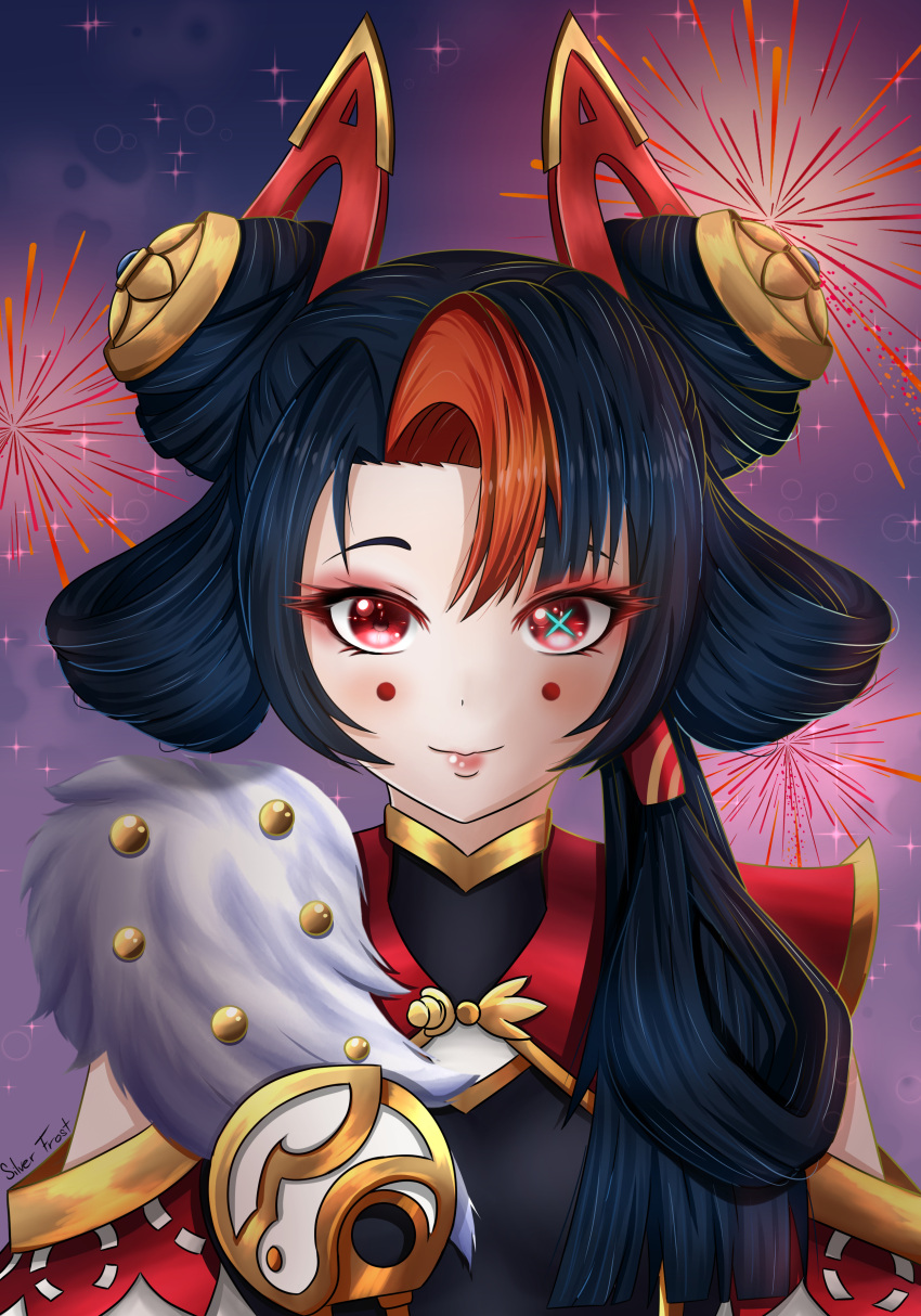 1girl, absurdres, black_dress, black_hair, dress, frosver, gwen_(league_of_legends), heterochromia