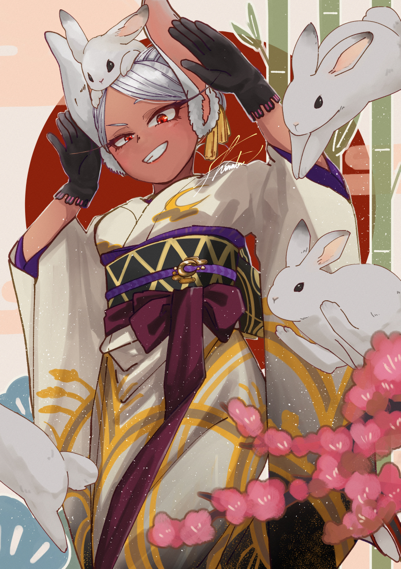 1girl, alternate_breast_size, animal, animal_ears, animal_on_head, bamboo, bangs, black_gloves